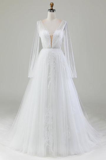 Elfenben A-linje V-ringad Plisserad Tyll Bröllopsklänning Med Långa Ärmar